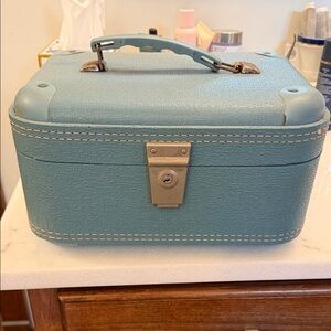 Vintage Blue Train Case with contents